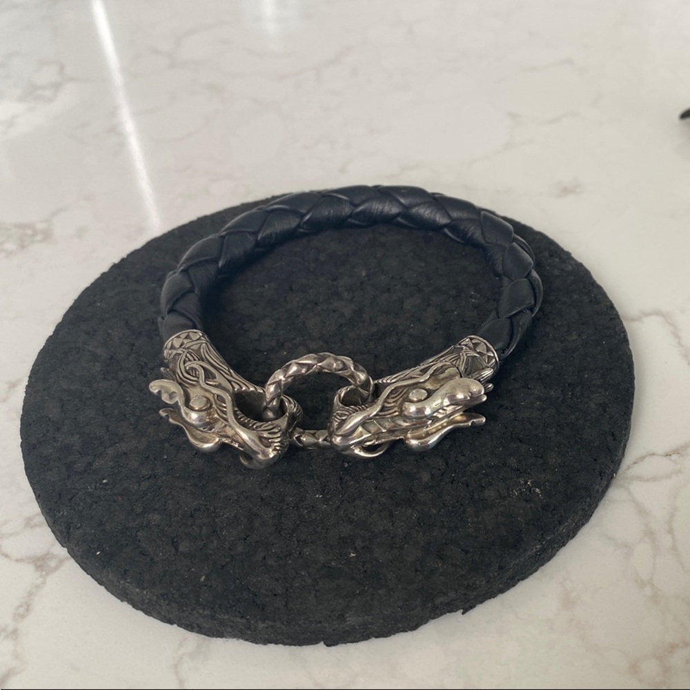 John Hardy Naga Black Braided Bracelet with Silver Dragon Heads